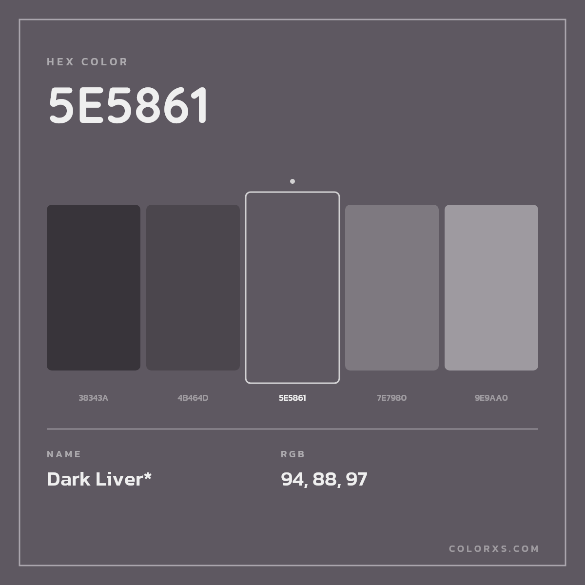 #5E5861 hex color. RGB, RYB, CMYK, HSL, HSV codes and color conversions. Matching color names, palettes, paints.