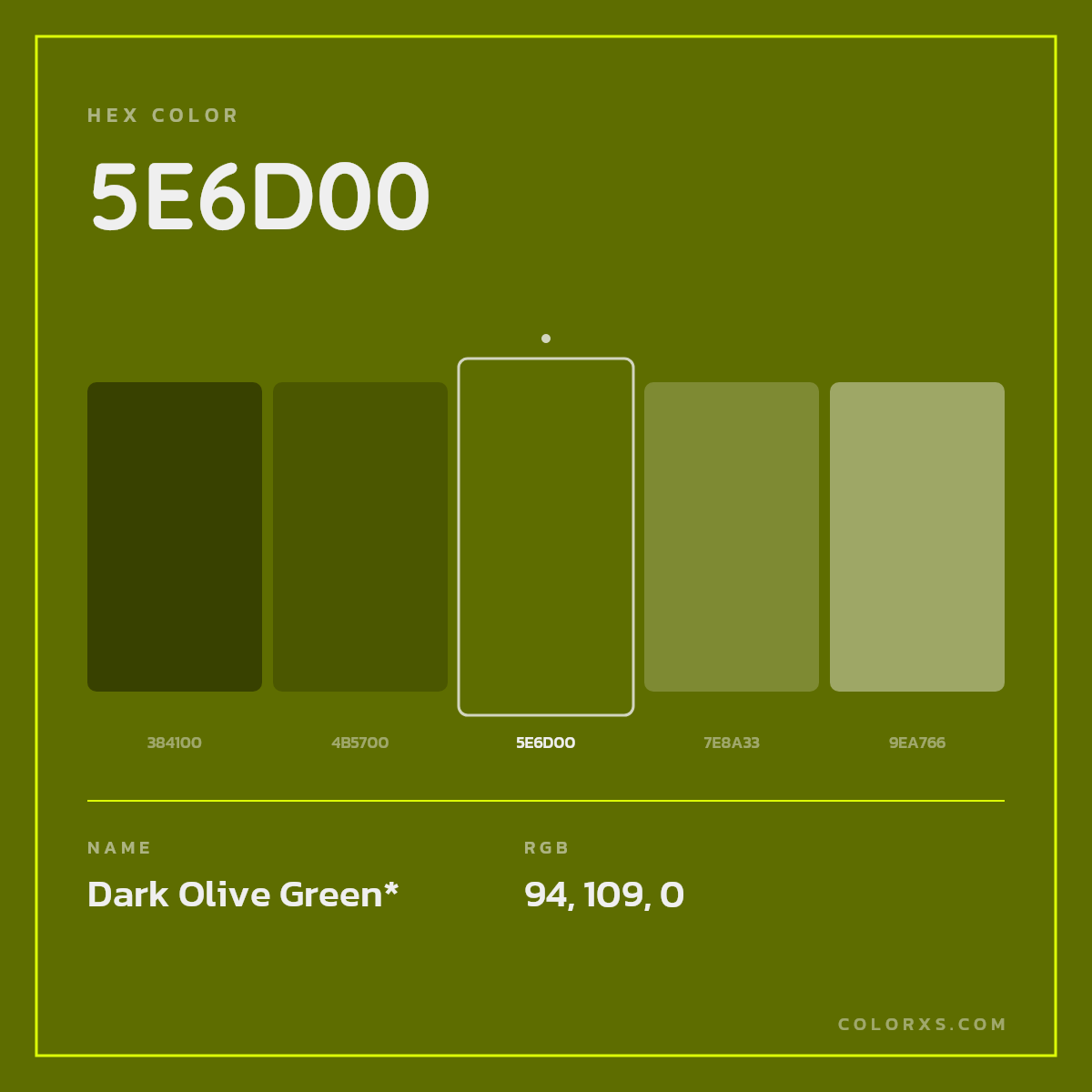 #5E6D00 hex color. RGB, RYB, CMYK, HSL, HSV codes and color conversions. Matching color names, palettes, paints.